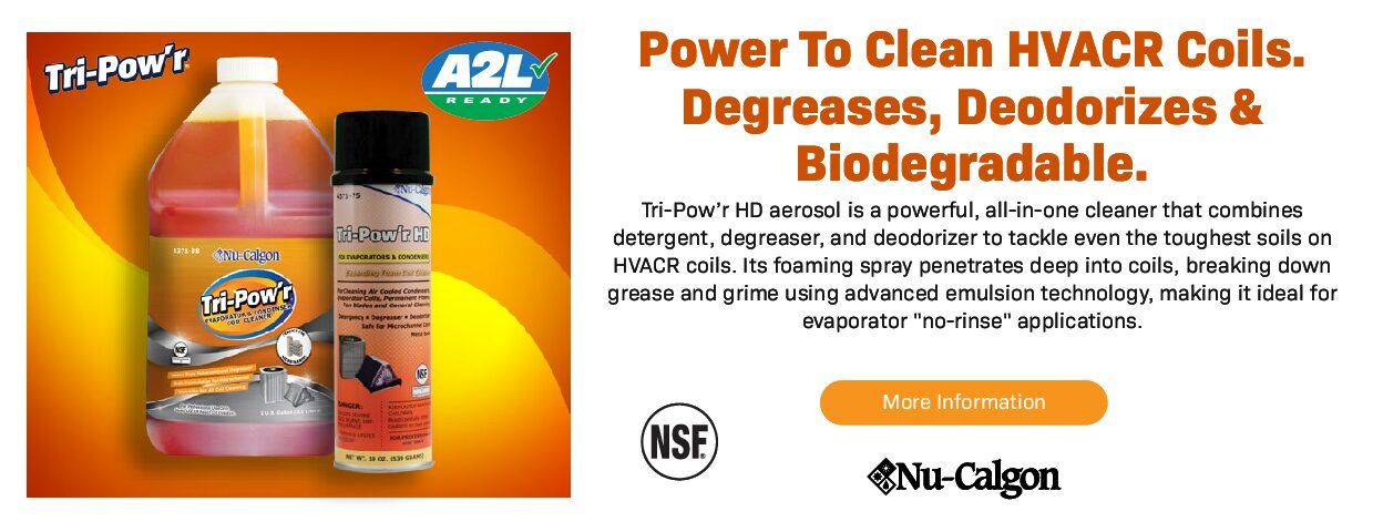 Tri-Foam A2Z cleaner bottles with “Power to Clean HVAC Coils, Degreasers, Deodorizers & Biodegradable” text