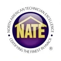 NATE logo in gold and purple with circular text: “North American Technician Excellence” and “Certifying the finest in HVAC.”