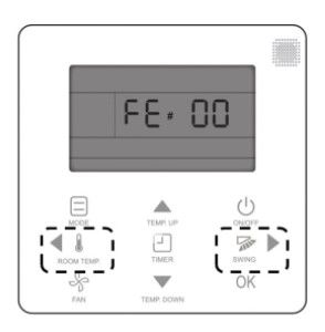 White air conditioner remote with LCD showing “FE 00” and buttons labeled room temp, timer, fan, and swing.