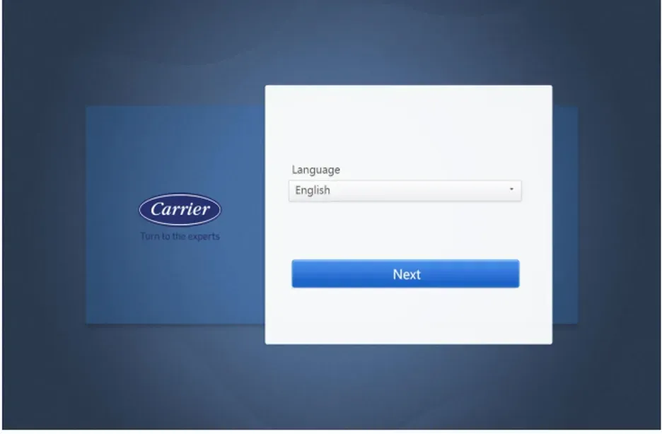 Carrier login screen with language dropdown set to English and a blue Next button