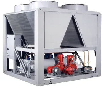 Industrial HVAC chiller unit with gray metal housing and red compressor components