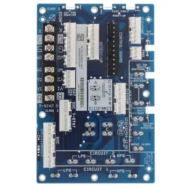 Blue electronic circuit board with chips, connectors, and labeled components on a white background