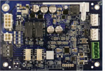 Blue electronic circuit board with multiple connectors, chips, and capacitors on a white background