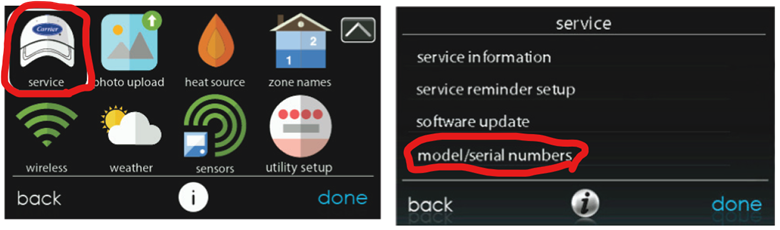 Settings screens showing the “service” menu with “model and serial number” circled in red.
