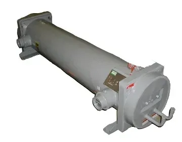 Gray industrial cylindrical machine with flanged ends and side fittings on a white background
