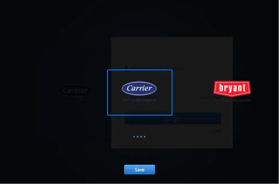 Dark interface with Carrier and Bryant logos and a blue “Save” button.