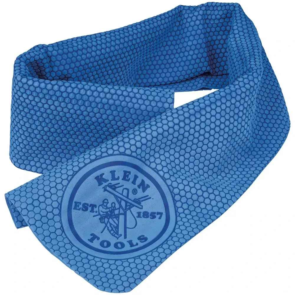 Blue patterned neck gaiter with a circular Klein Tools logo printed on the front