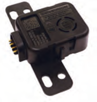 Black automotive sensor module with mounting bracket and connector pins on white background