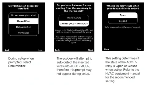 Three-panel dark app screenshots showing accessibility setup and screen-reader style prompts.