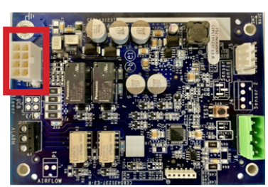 Blue circuit board with a red highlight box around a beige connector on the left side