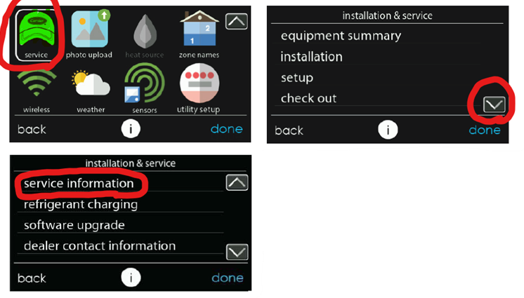 Car infotainment touchscreen showing installation and service menus with red circles highlighting selection areas