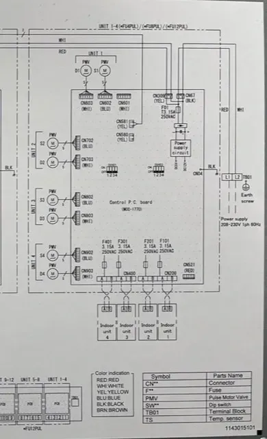 Blurry electrical wiring schematic diagram with labeled components and connection lines on a white page