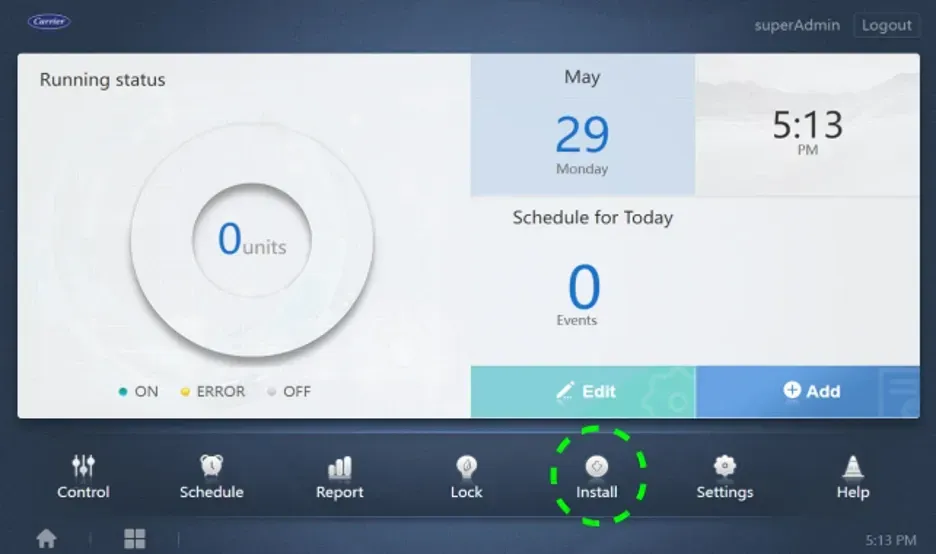 Thermostat app dashboard showing 0 units running, 29 May, 5:13 PM, with control icons along the bottom.