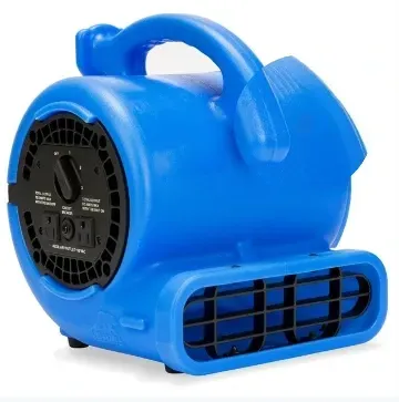 Blue portable blower fan with carrying handle and front vent grille