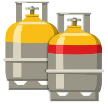 Two propane gas cylinders, one yellow and gray and one red, side by side