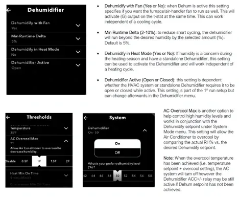 Dark-themed dehumidifier app screens showing settings, thresholds, and timer controls with explanatory notes