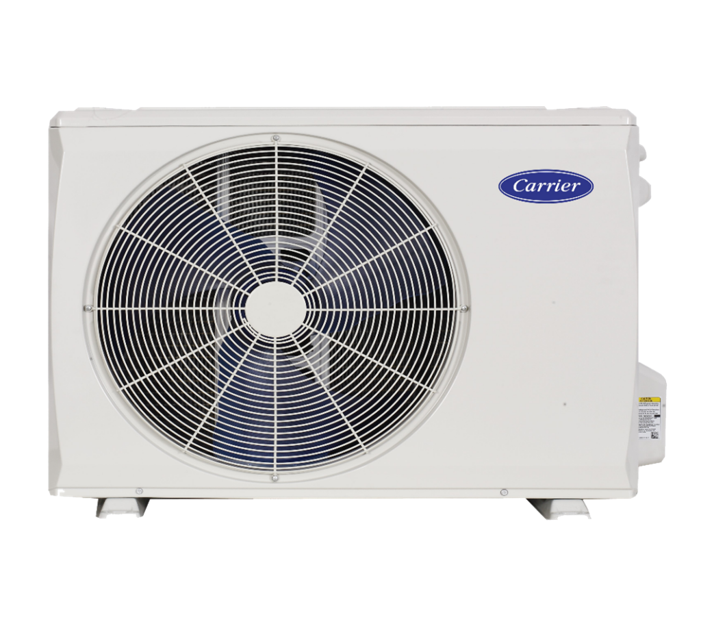White outdoor air conditioner unit with a large front fan and blue logo on the right