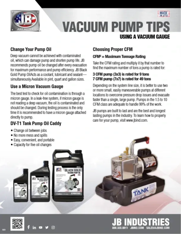 JB Industries poster with vacuum pump tips, black text, and photos of vacuum pumps on white background