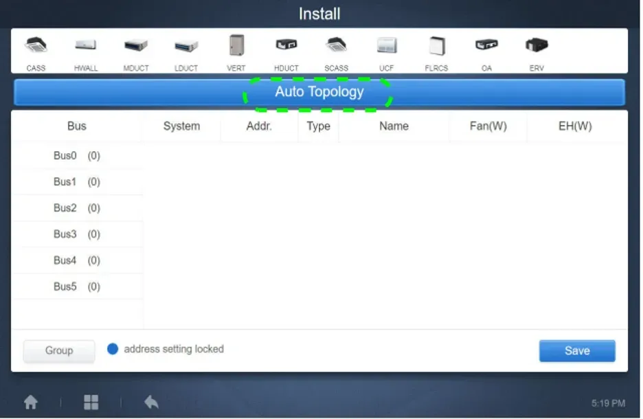 Top-down vehicle installation screen with auto topology list, device icons, and a blue Save button
