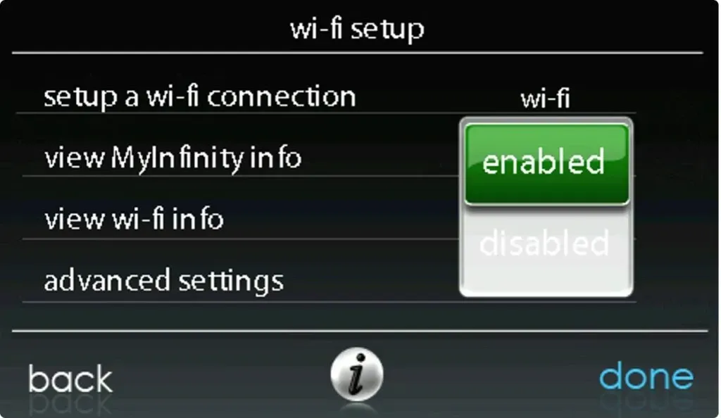 Wi-Fi setup menu with “enabled” selected in green and “disabled” below it in gray