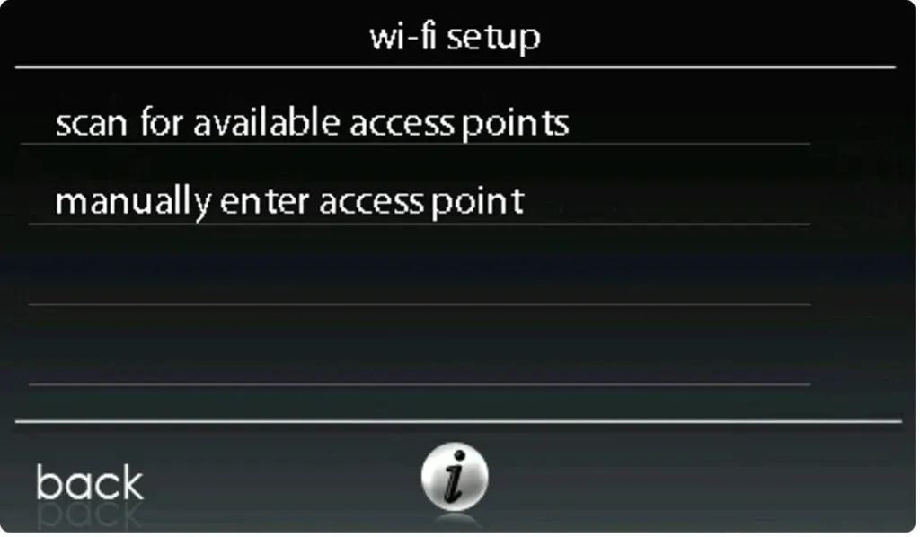 Wi-Fi setup menu with options to scan for access points or manually enter one, plus a back button