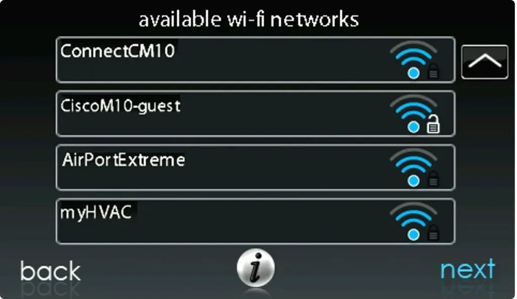 Wi‑Fi selection menu showing available networks: ConnectMC10, CiscoM1Guest, AirPortExtreme, and myHVAC.