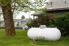 White propane tank on grass beside a house and tree in a yard