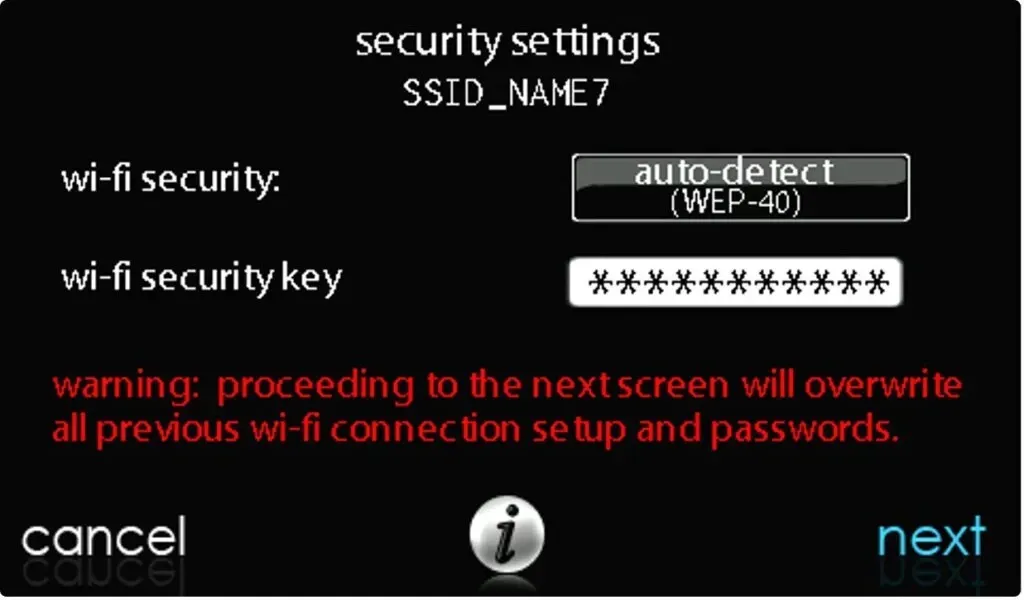 Security settings screen with Wi‑Fi security dropdown, masked password, warning text, and cancel/next buttons
