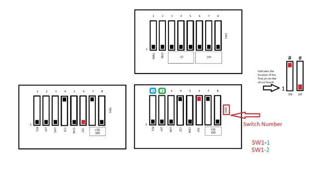 Diagram of an 8-switch bank with on/off positions labeled and two highlighted switches in blue and red.
