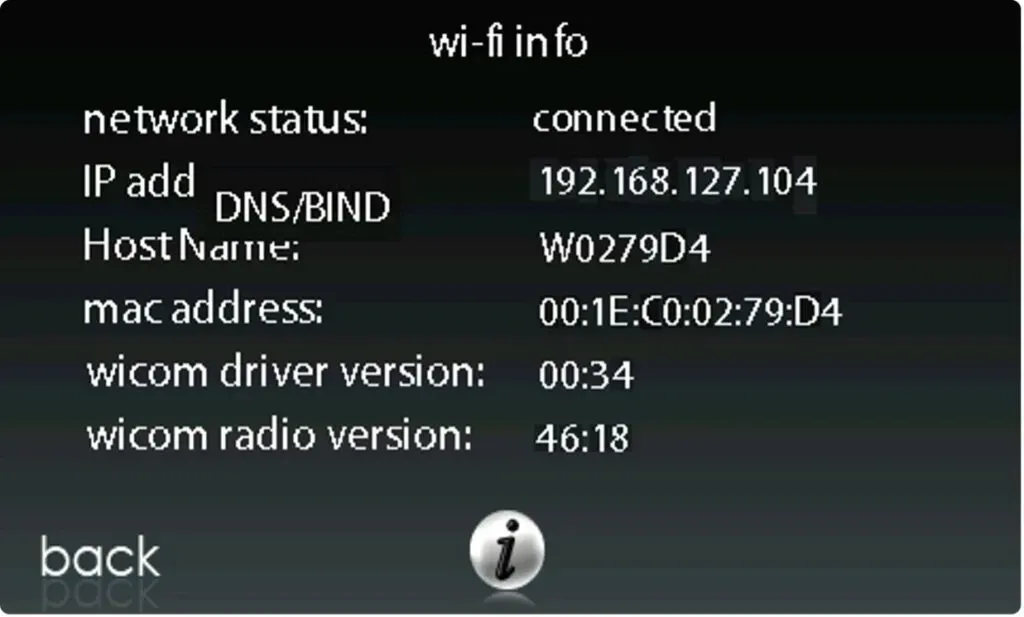 Wi-Fi info screen showing connected status, IP address, host name, MAC address, and driver versions.