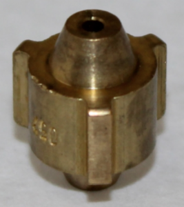 Brass-colored metal component with a conical top and central hole on a white background