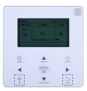 White wall thermostat with digital display and touch buttons for mode, menu, temperature, and power.