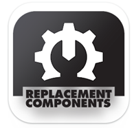 Black and white gear logo with the words “Replacement Components” in bold text
