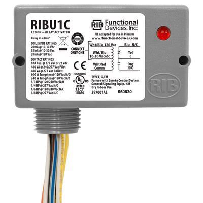 Gray RIB relay control box with red indicator light and attached wires on a white background