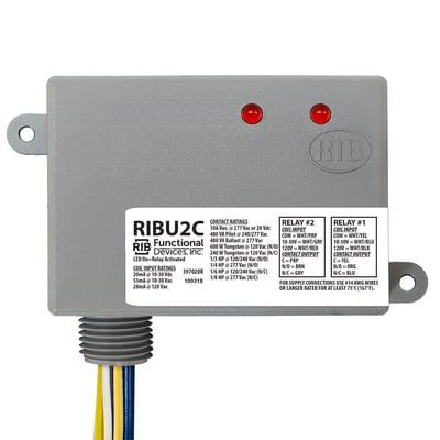 Gray RIB U2C relay control module with red LEDs and attached wires on a white background