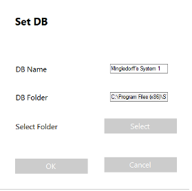 Set DB dialog with DB name and folder fields, plus disabled Select, OK, and Cancel buttons.