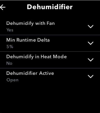 Dark app settings screen titled “Dehumidifier” with four dropdown options on black background.
