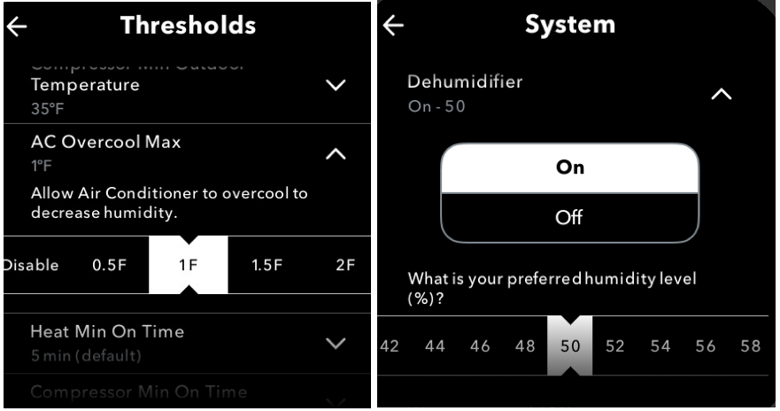 Smart thermostat app screens showing thresholds and system settings, including humidifier on/off and preferred humidity.