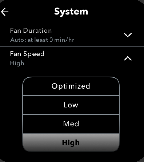 System settings screen showing fan speed options in a dropdown: Optimized, Low, Med, High.
