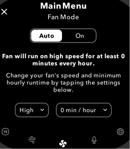 Smartphone app screen showing fan mode settings with Auto/On toggle and speed/time dropdowns