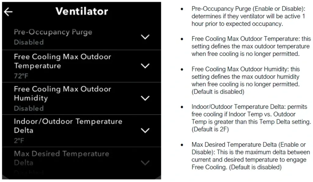 Dark settings screen titled “Ventilator” with expandable temperature limit options and explanatory text on the right