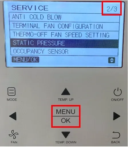 HVAC control panel screen showing service menu page 2/3 with “Static Pressure” highlighted.