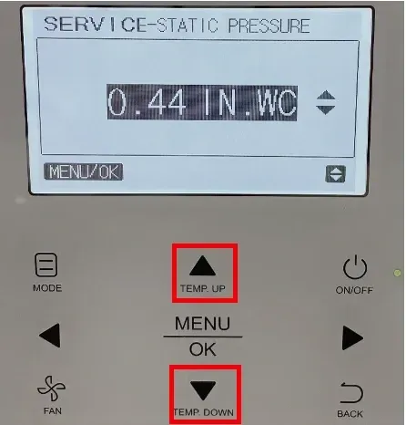 HVAC control panel display showing “SERVICE-STATIC PRESSURE” and 0.44 in. w.c., with TEMP UP and TEMP DOWN buttons highlighted