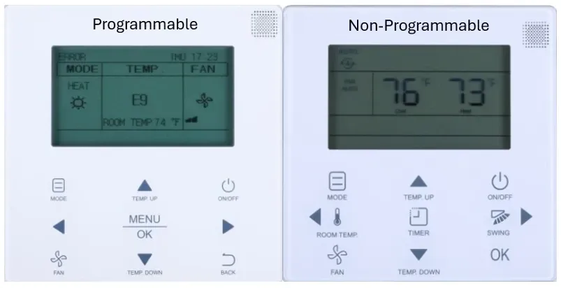 Side-by-side programmable and non-programmable thermostat controls with digital displays and buttons