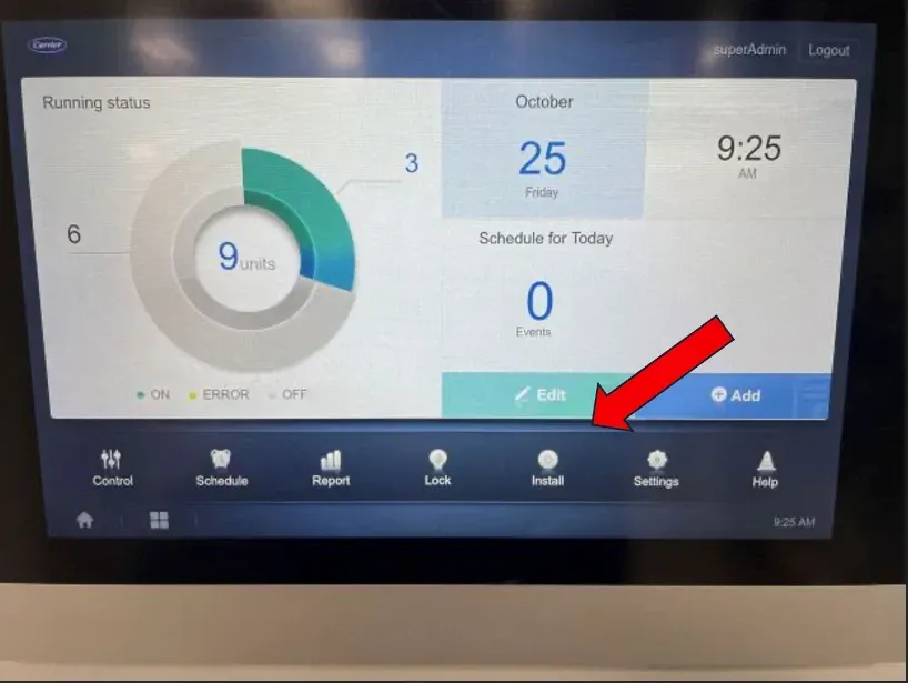 Hospital staff scheduling dashboard on a touchscreen, with a red arrow pointing to the Health icon.