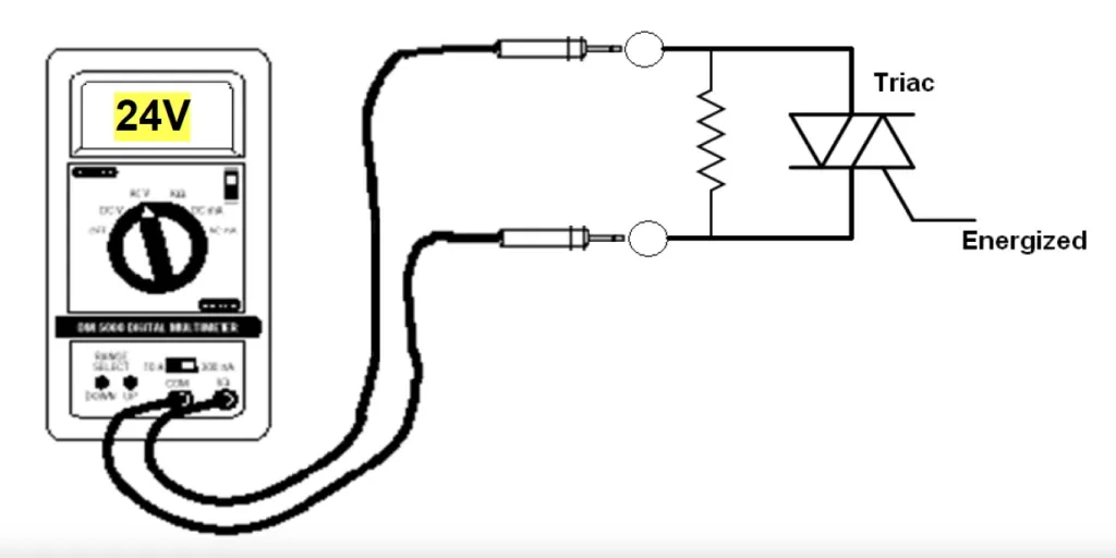 Multimeter testing a triac circuit labeled 24V, showing energized state and component connections