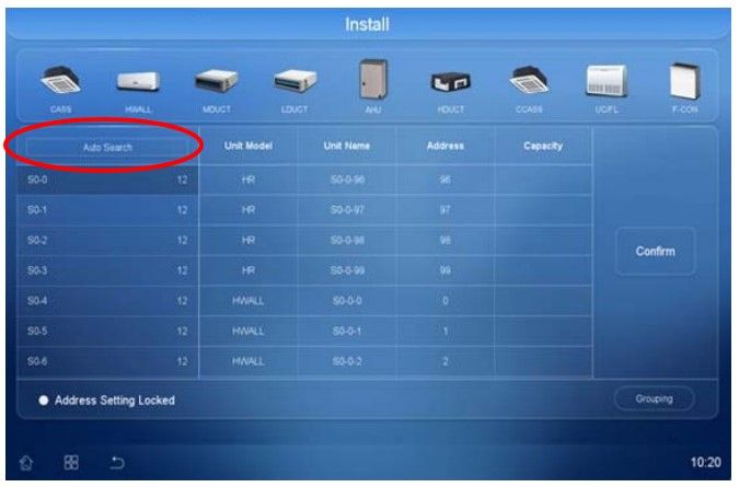 Blue “Install” setup screen with a red circle highlighting the “Local” tab in a device list menu