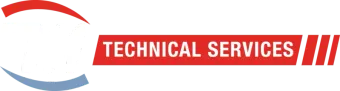 Technical Services logo with red text and curved red and blue swooshes on white background