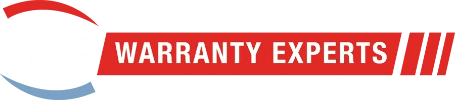 Warranty Experts logo with red and blue swoosh and bold white text on a red banner
