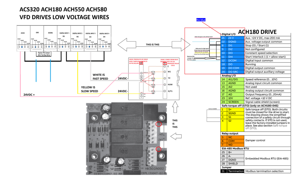 Residential AC wiring diagram with colored wires and terminal labels, plus a black switch panel photo.